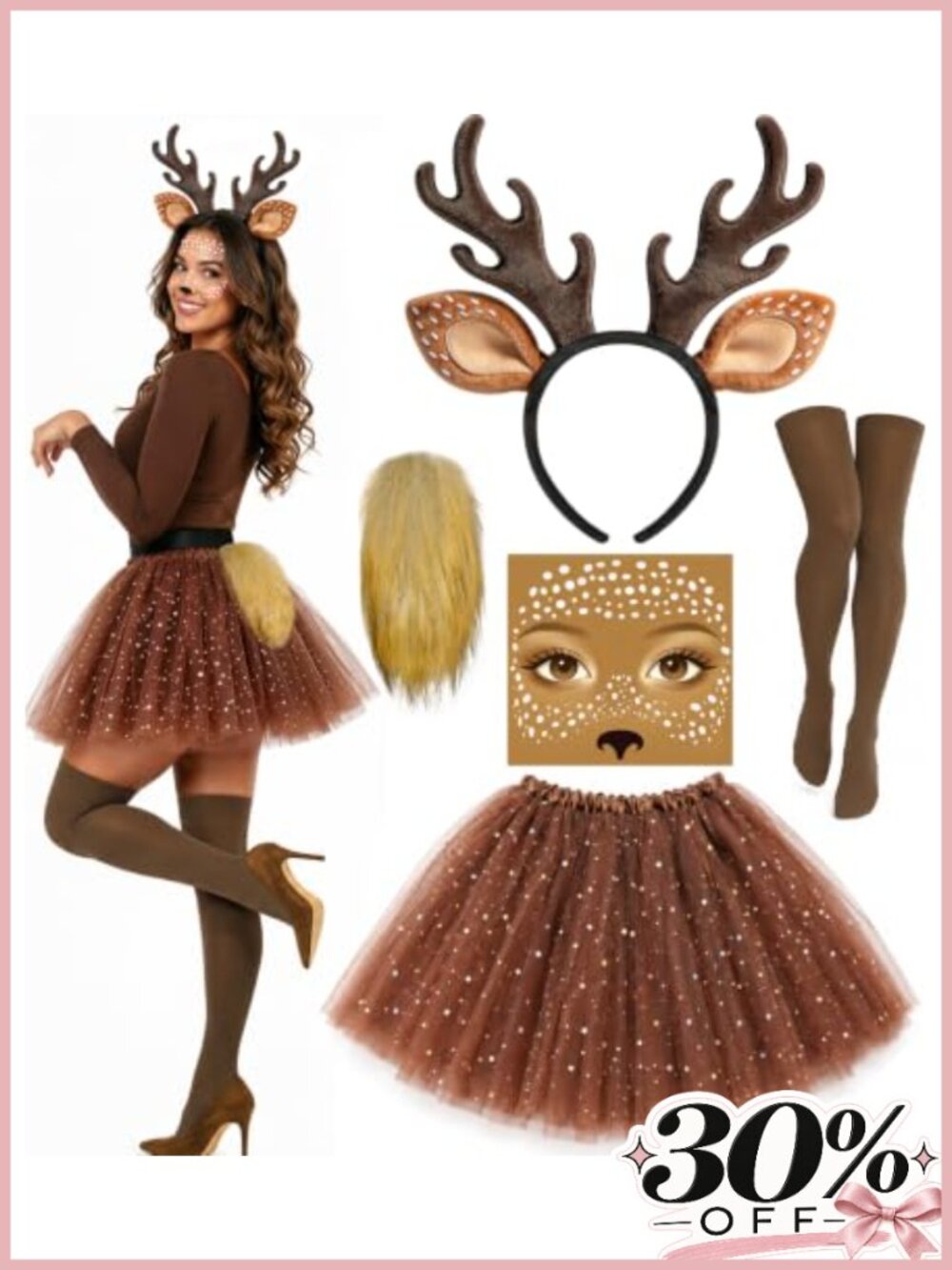 Deer Costume Set Antler Headband Tutu Tail Socks Stickers
